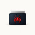 A black laptop sleeve featuring a prominent red spider logo on the front, shown with a silver laptop partially inserted, set against a clean off-white background.