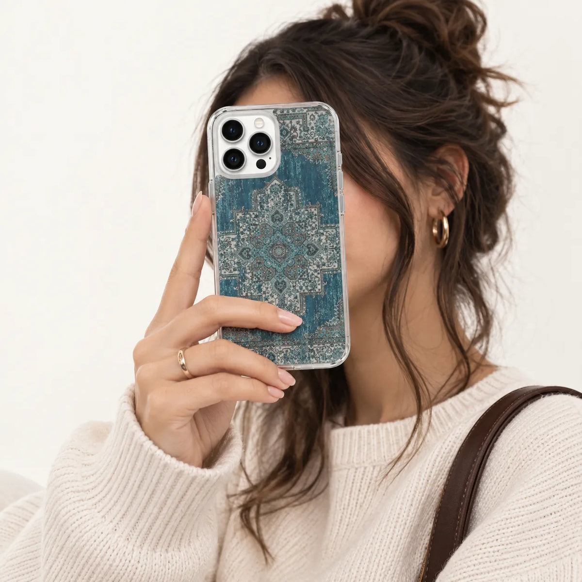 SLEEVER clear TPU phone case with blue vintage oriental rug pattern UV print and magnetic charging compatibility   