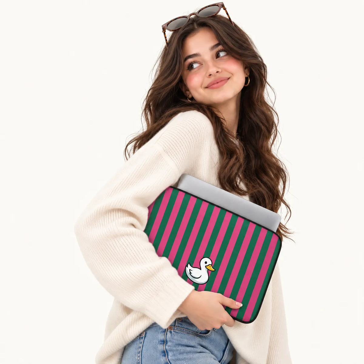 Cute white duck illustration on pink and green vertical striped background on a padded laptop sleeve by SLEEVER