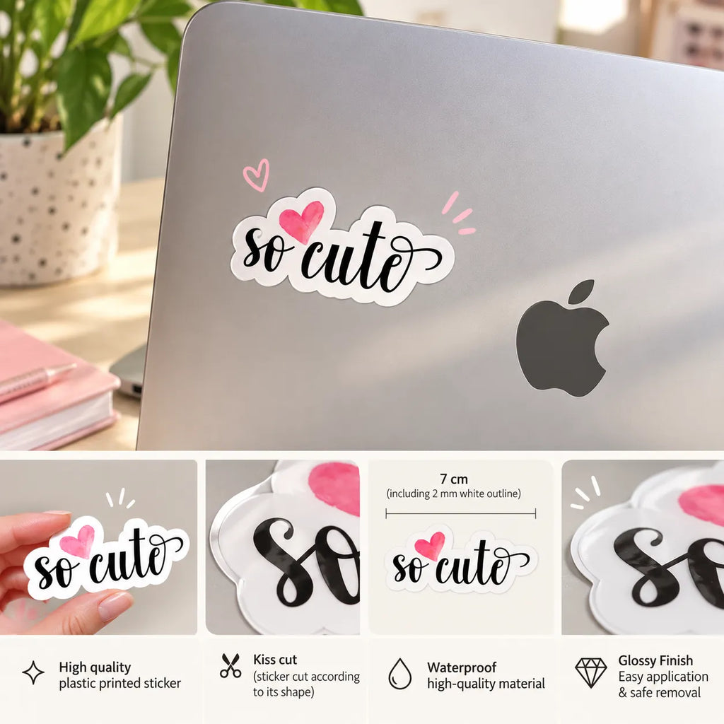 Black cursive calligraphy typography saying So Cute with a watercolor pink heart sticker by SLEEVER   