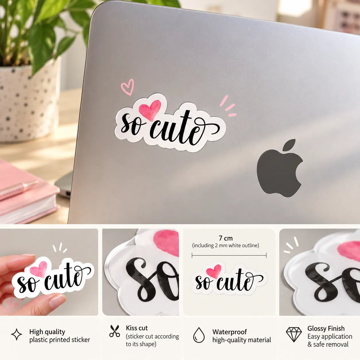 Black cursive calligraphy typography saying So Cute with a watercolor pink heart sticker by SLEEVER   