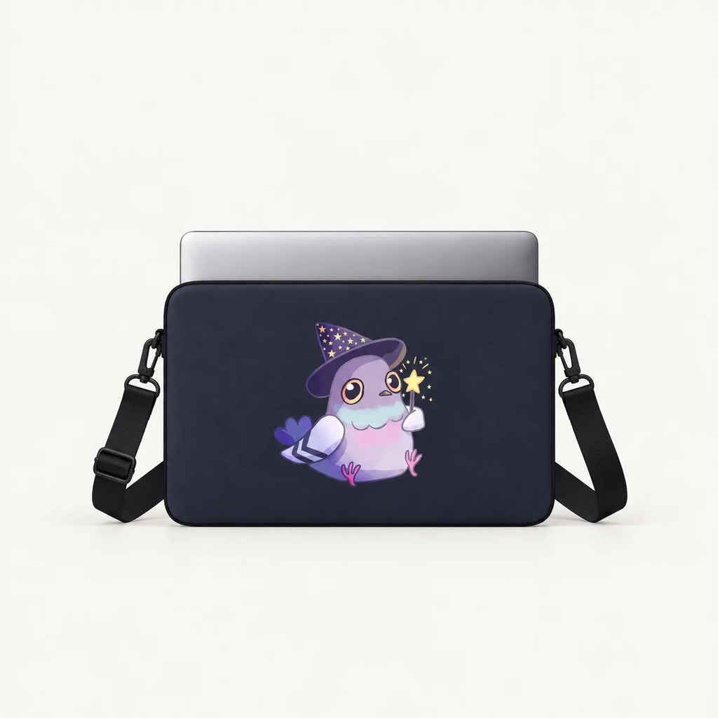 Cute cartoon pigeon wearing a wizard hat and holding a magic wand on a dark navy padded laptop sleeve by SLEEVER
