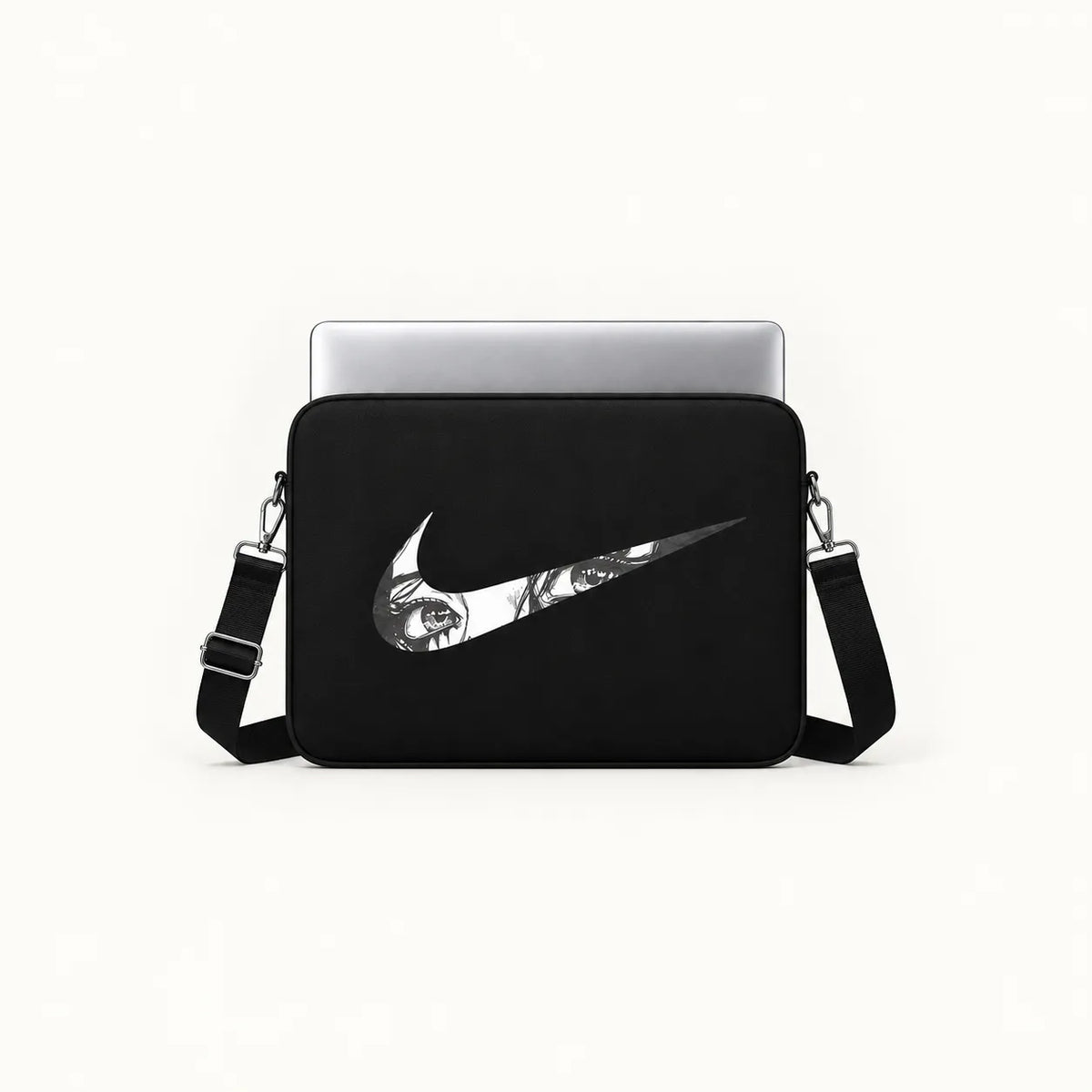 A black laptop sleeve with a large white Nike Swoosh featuring a skull and crossbones design, shown with a silver laptop on a plain white background.