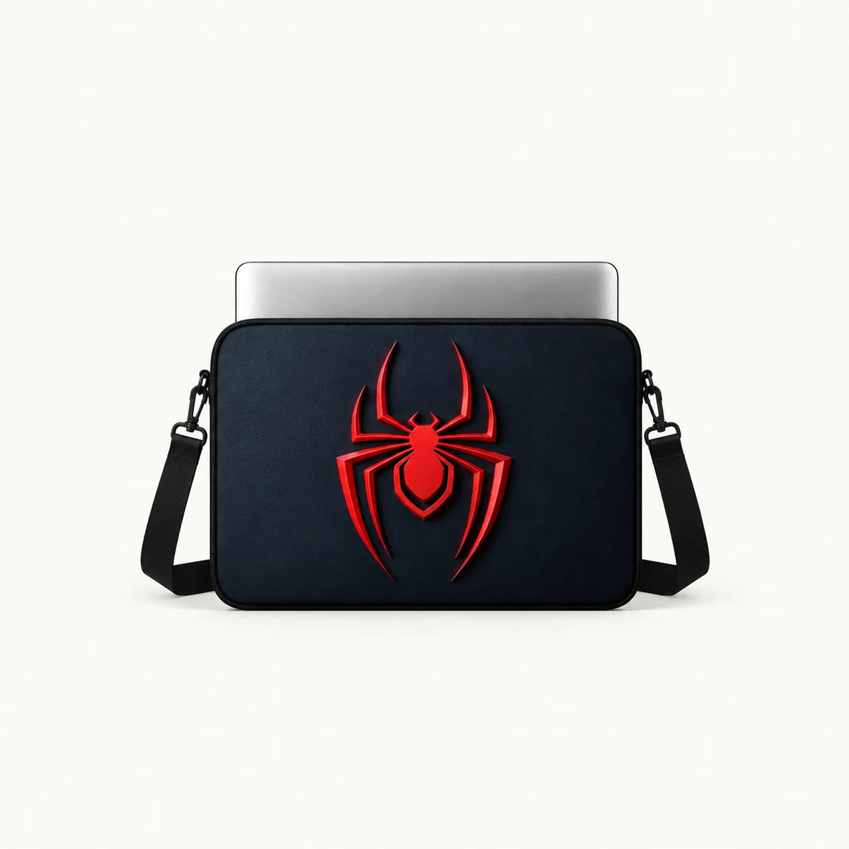 3D red spider emblem on a textured dark navy blue padded laptop sleeve by SLEEVER