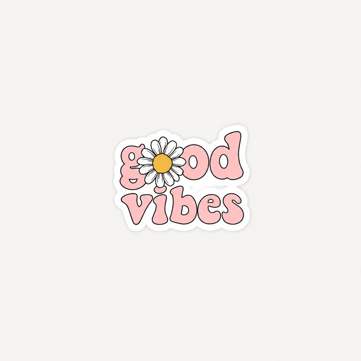 Retro pink Good Vibes text sticker with white daisy flower replacing the letter O by SLEEVER