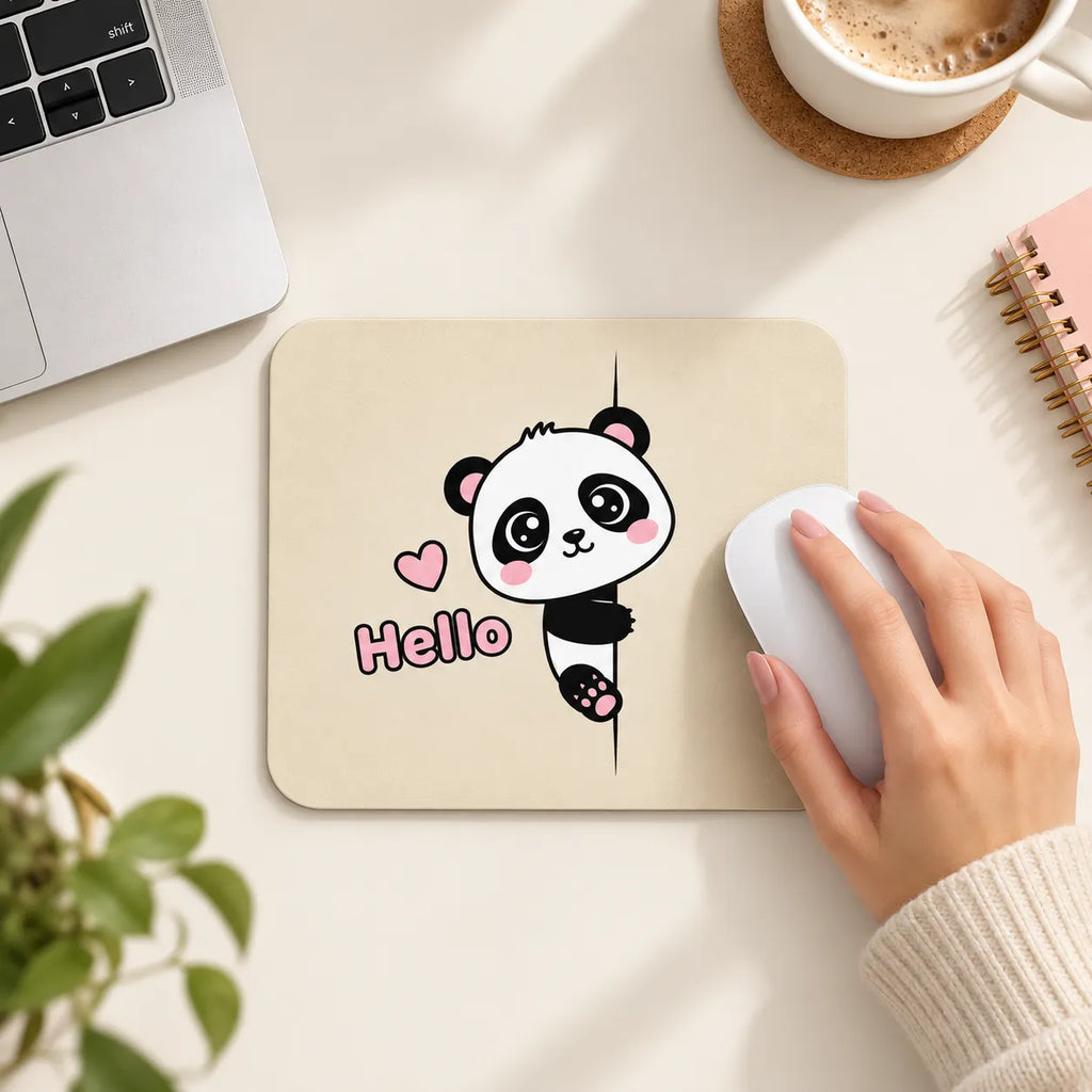 SLEEVER cute peeking panda hello pink heart desk mousepad 17.5 x 21.5 cm non-slip base