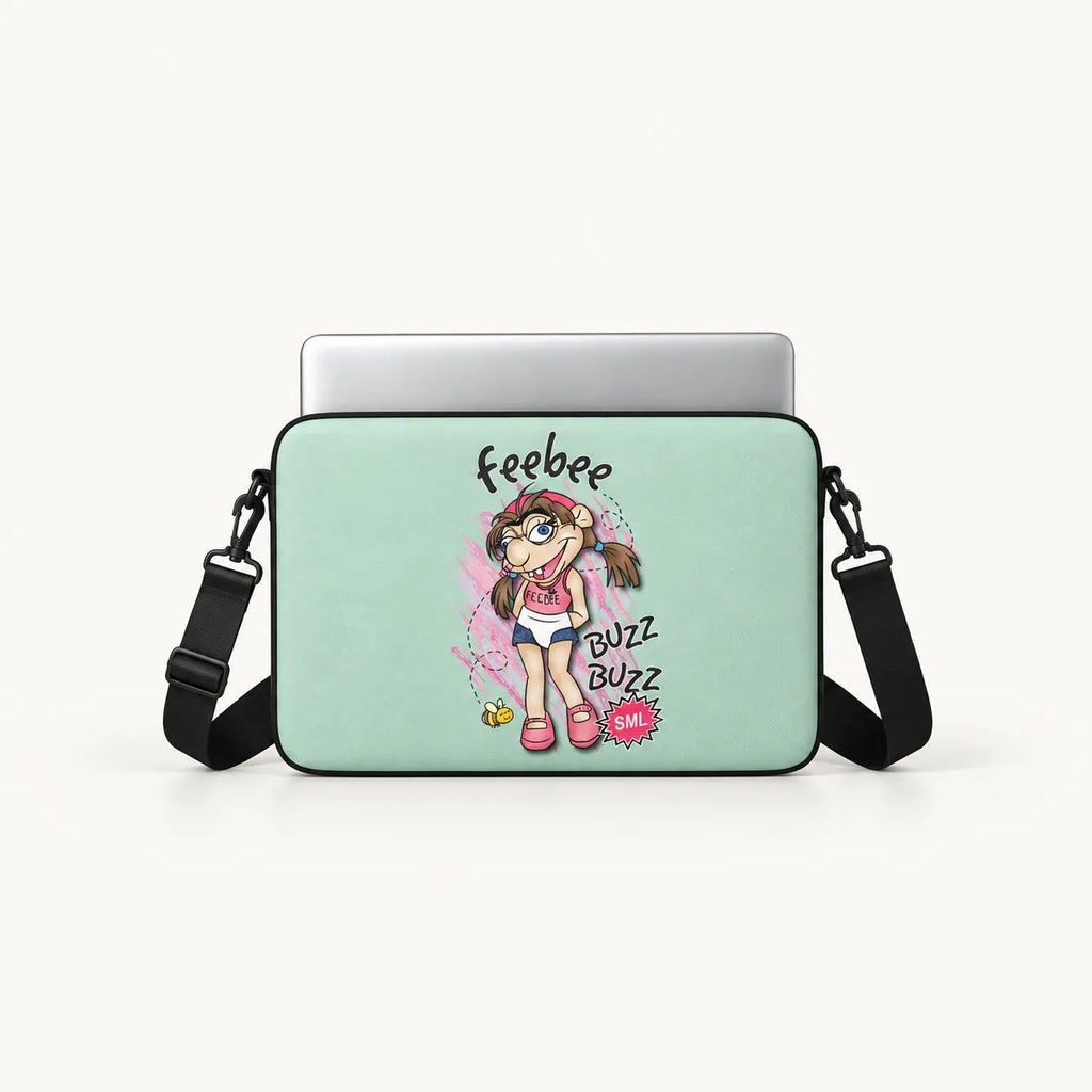 Feebee SML character illustration with bee and buzz buzz text on light mint green padded laptop sleeve by SLEEVER