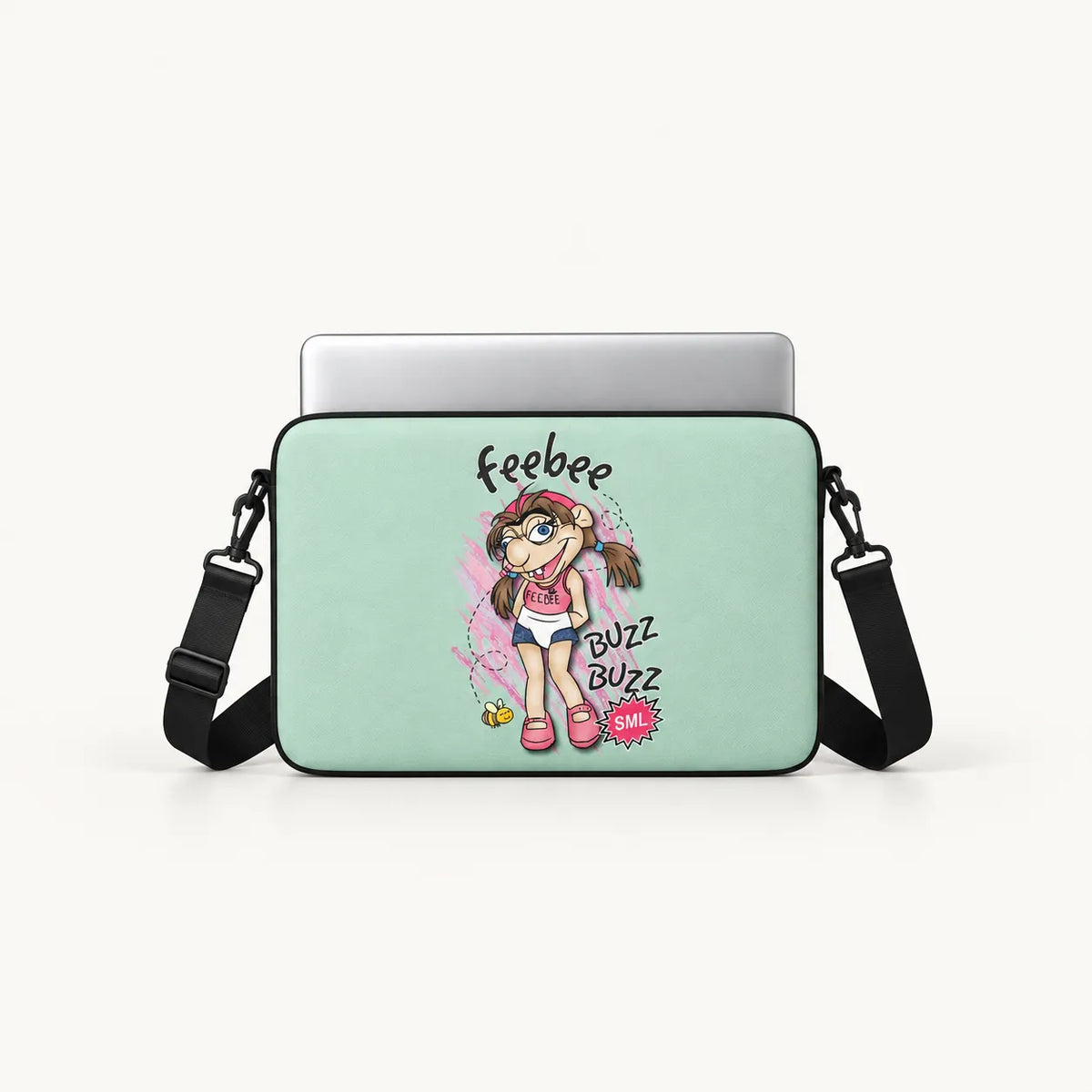Feebee SML character illustration with bee and buzz buzz text on light mint green padded laptop sleeve by SLEEVER