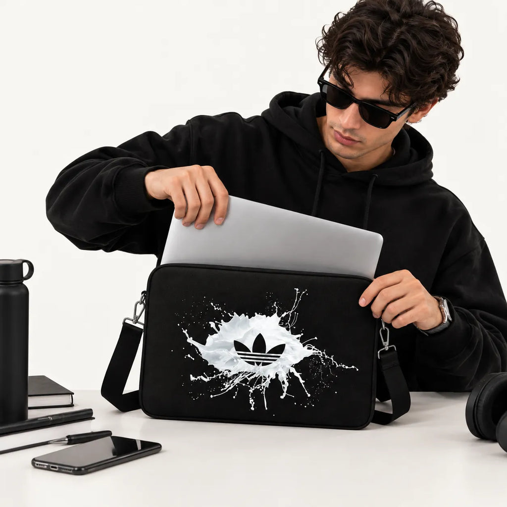 Black trefoil athletic logo inside a liquid white splash art design on a black padded laptop sleeve by SLEEVER