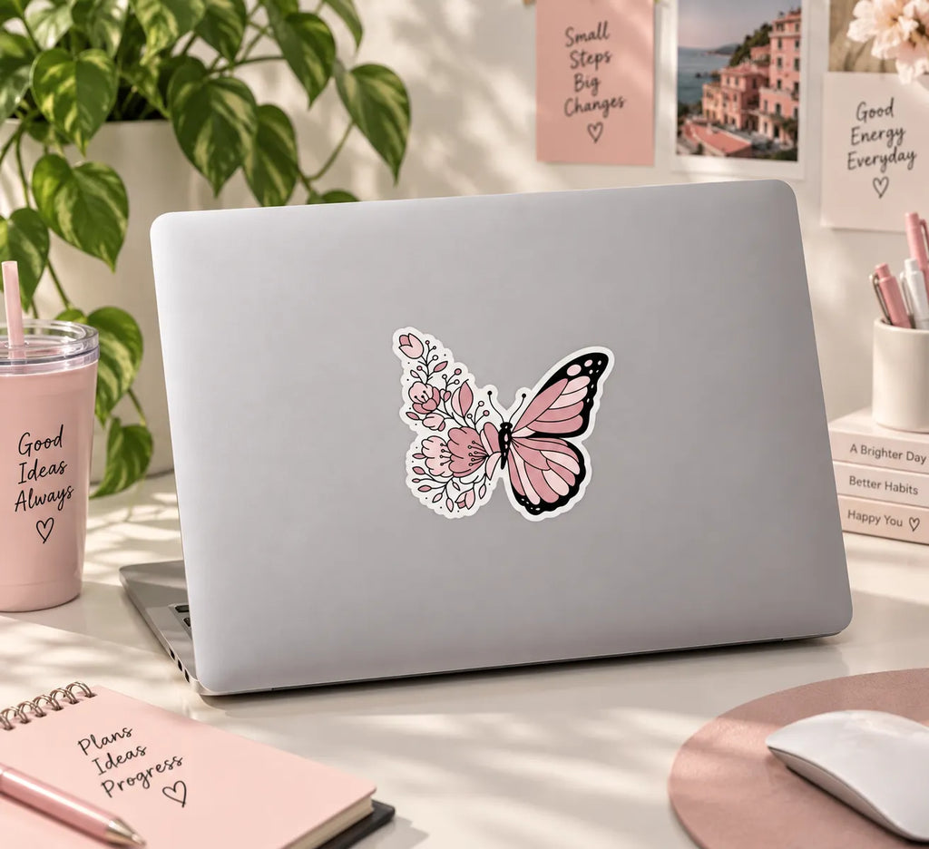 Aesthetic pink butterfly with floral half wing sticker by SLEEVER