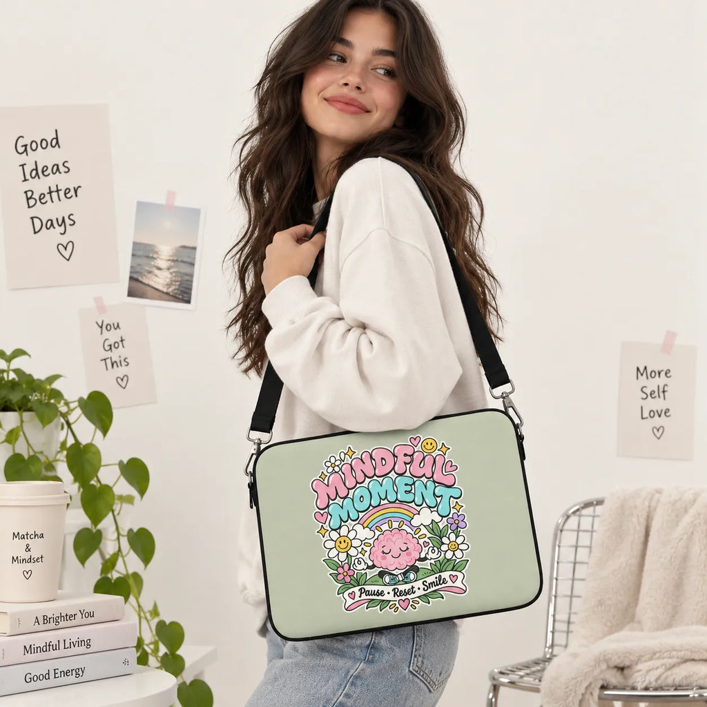 Cute retro cartoon meditating brain character surrounded by flowers rainbow and Mindful Moment Pause Reset Smile banner on sage green padded laptop sleeve by SLEEVER