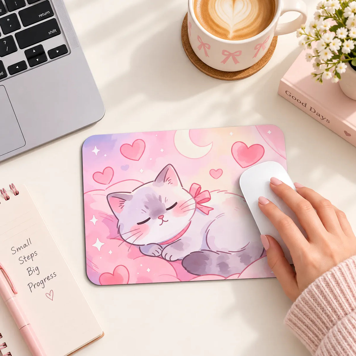 SLEEVER sleeping pink cat watercolor desk mousepad 17.5 x 21.5 cm with non-slip base