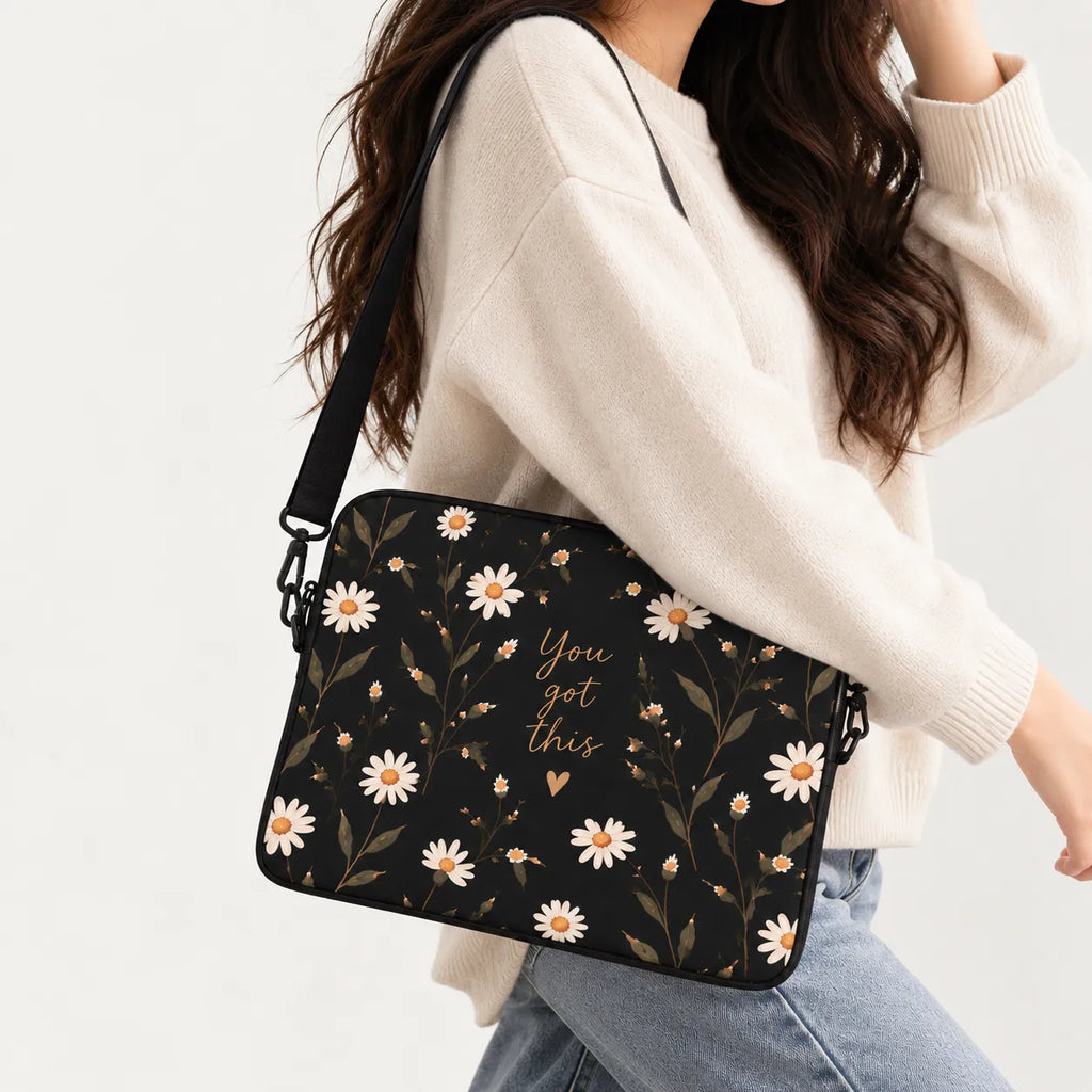 White daisy flowers floral pattern with gold You got this typography on a black padded laptop sleeve by SLEEVER