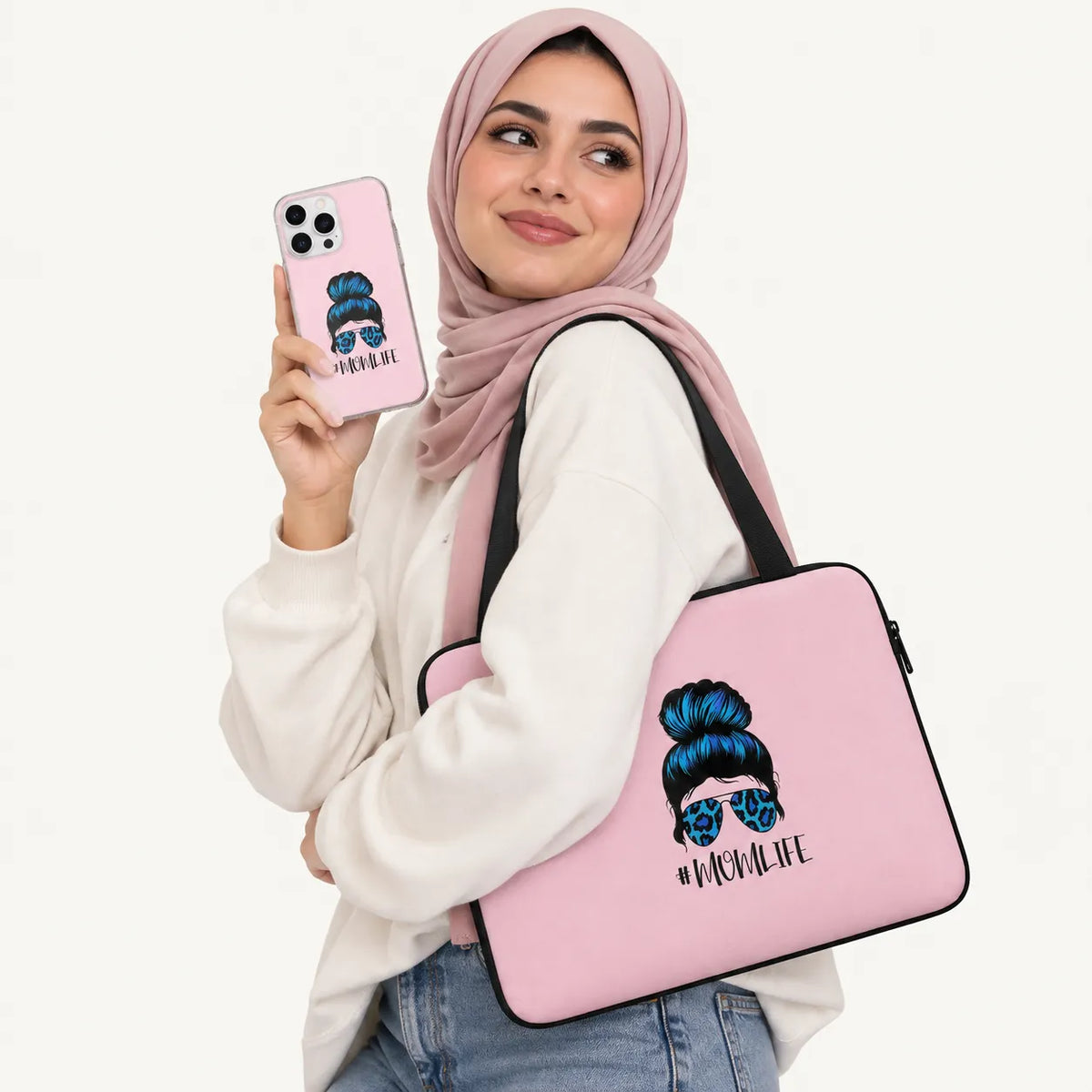 "Mom Life" messy bun sunglasses graphic pink clear phone case and matching laptop sleeve set by SLEEVER Egypt   