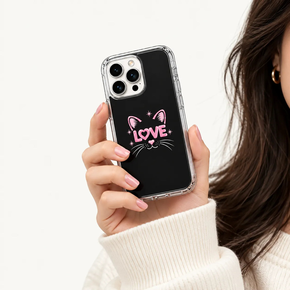 SLEEVER clear TPU phone case with pink glittery cat face and LOVE typography UV print with magnetic charging compatibility   