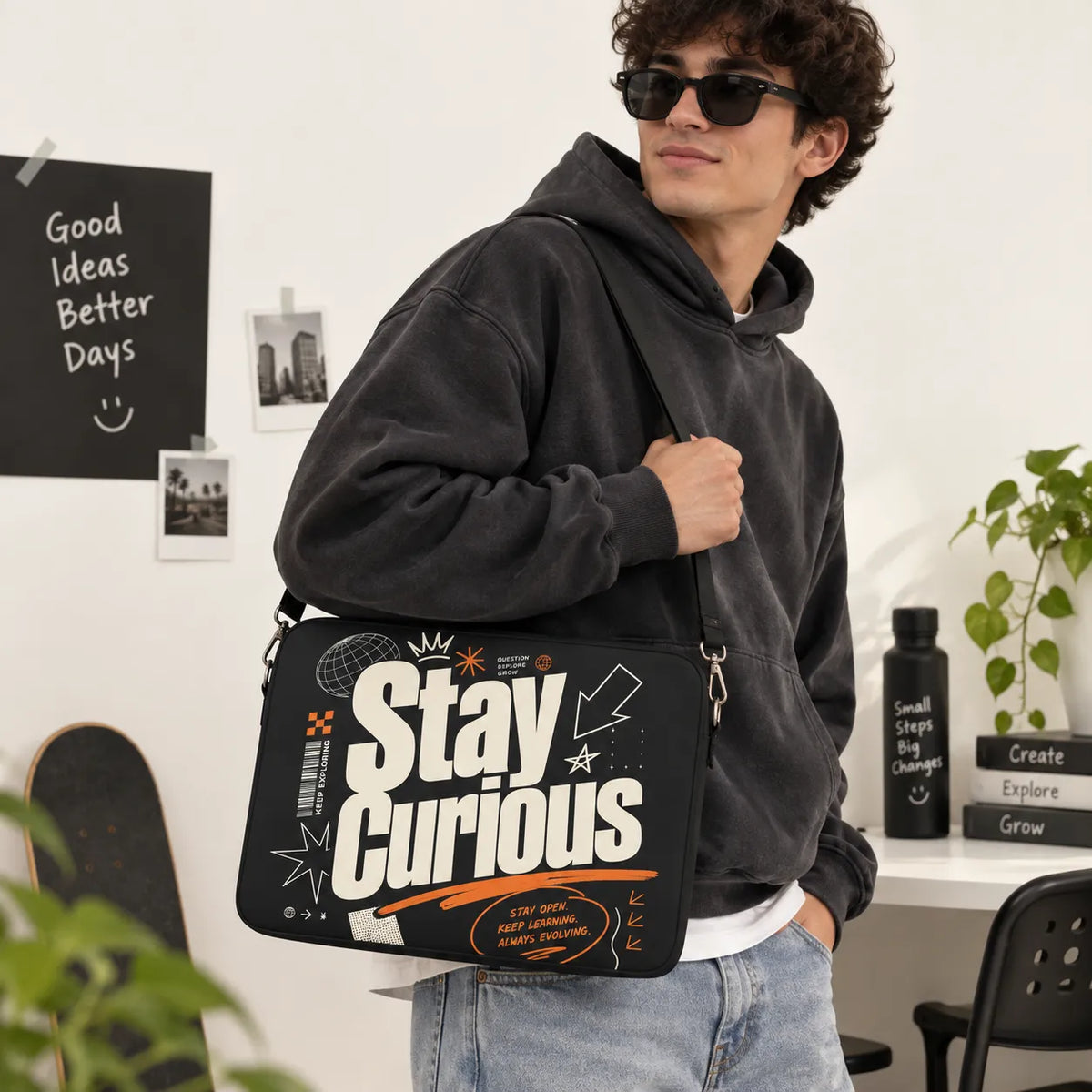 Urban streetwear style padded laptop sleeve in black with Stay Curious typography and orange graphic elements by SLEEVER