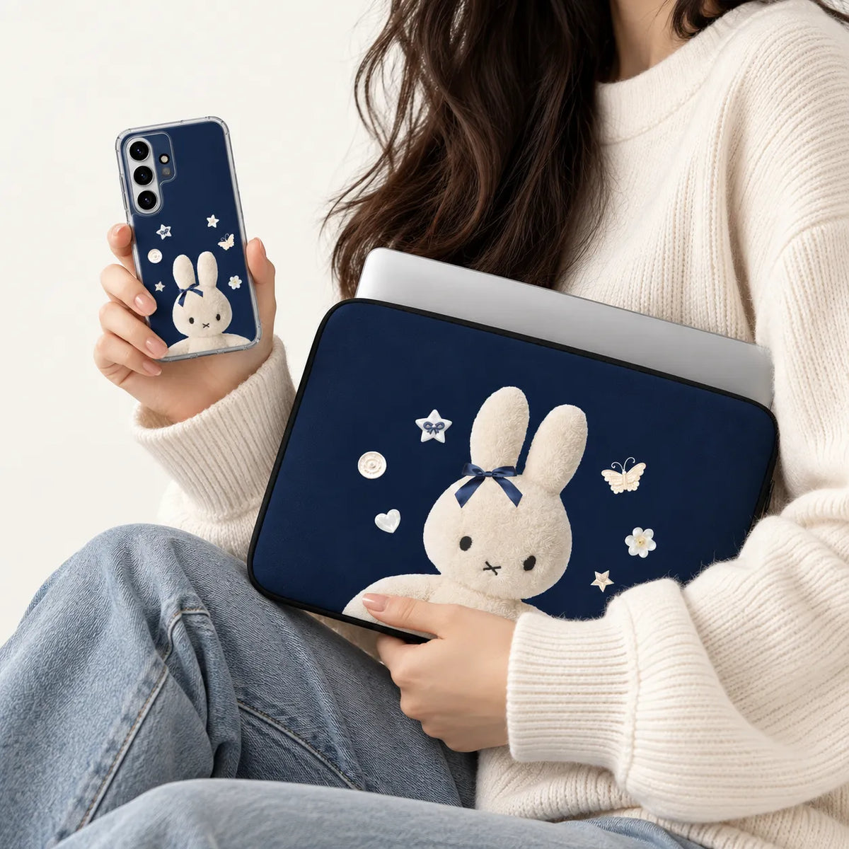"Fluffy Bunny" cute white plush bunny on navy blue background clear phone case and matching laptop sleeve set by SLEEVER Egypt   