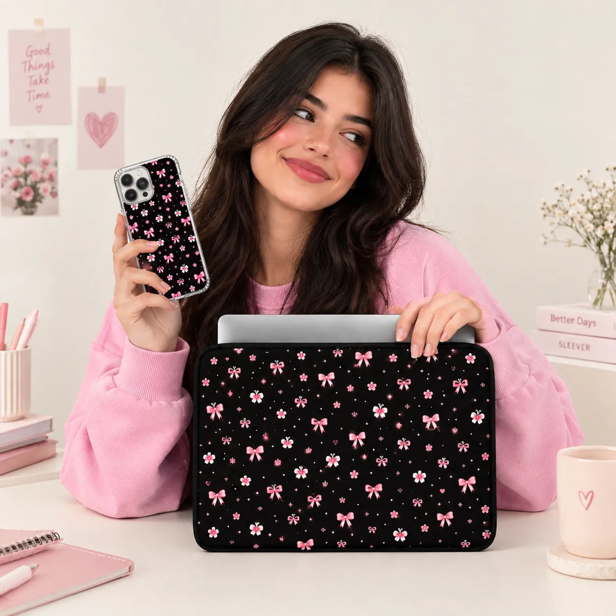 "Pink Bows & Stars" cute pink bows, flowers, and sparkling stars pattern on black background clear phone case and matching laptop sleeve set by SLEEVER Egypt   