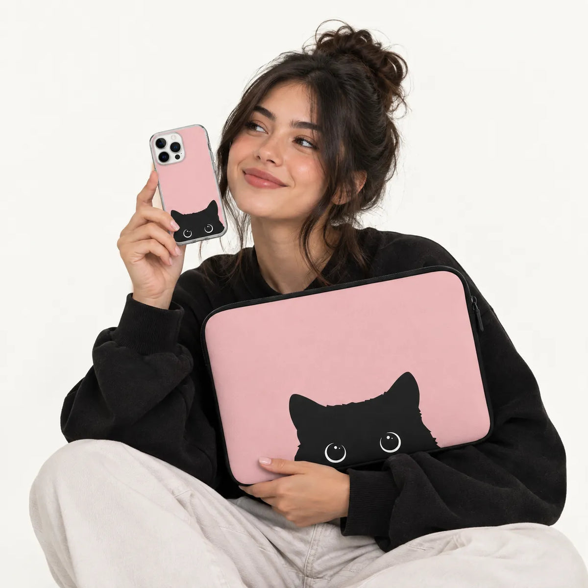 "Peeking Black Cat" cute minimalist black cat on pink background clear phone case and matching laptop sleeve set by SLEEVER Egypt   