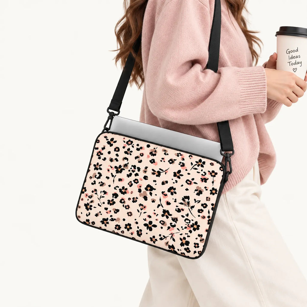 Blush pink laptop sleeve with black and peach mini floral leopard print pattern by SLEEVER