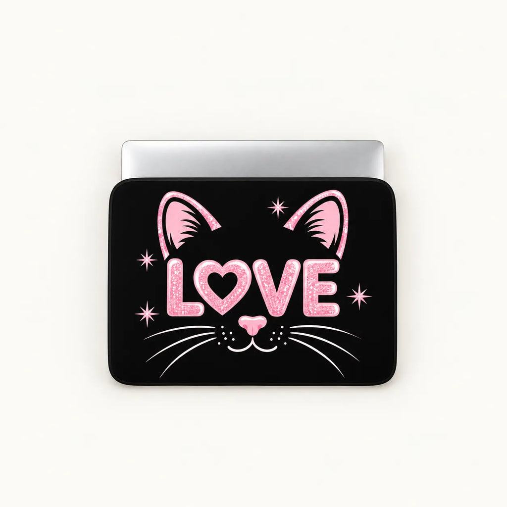 Cute black cat face illustration with pink glittery LOVE letters, ears, nose, and whiskers on a black padded laptop sleeve by SLEEVER