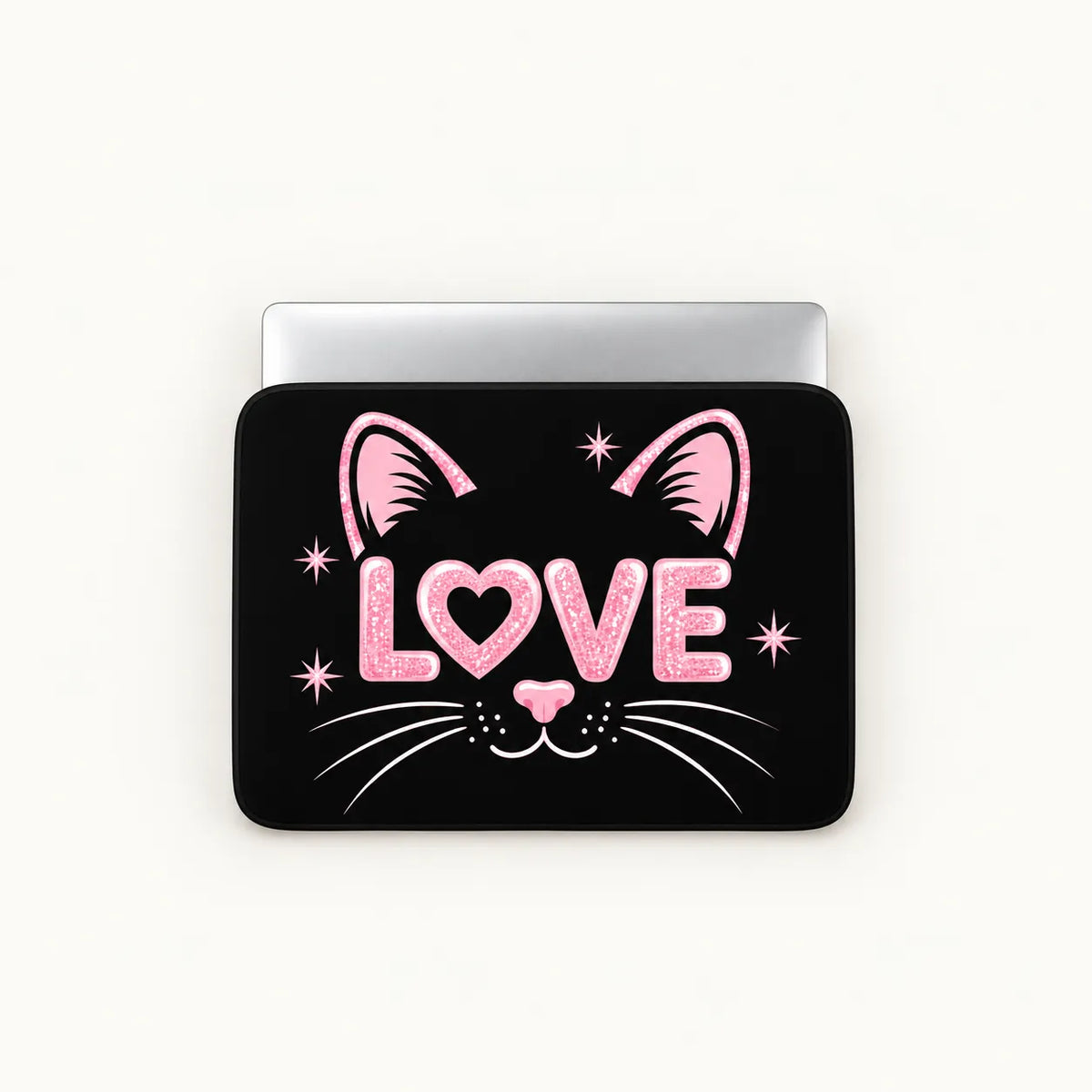 Cute black cat face illustration with pink glittery LOVE letters, ears, nose, and whiskers on a black padded laptop sleeve by SLEEVER