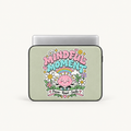 A sage green laptop sleeve with a colorful 'Mindful Moment' graphic, shown with a silver laptop partially inserted, on a light off-white background.