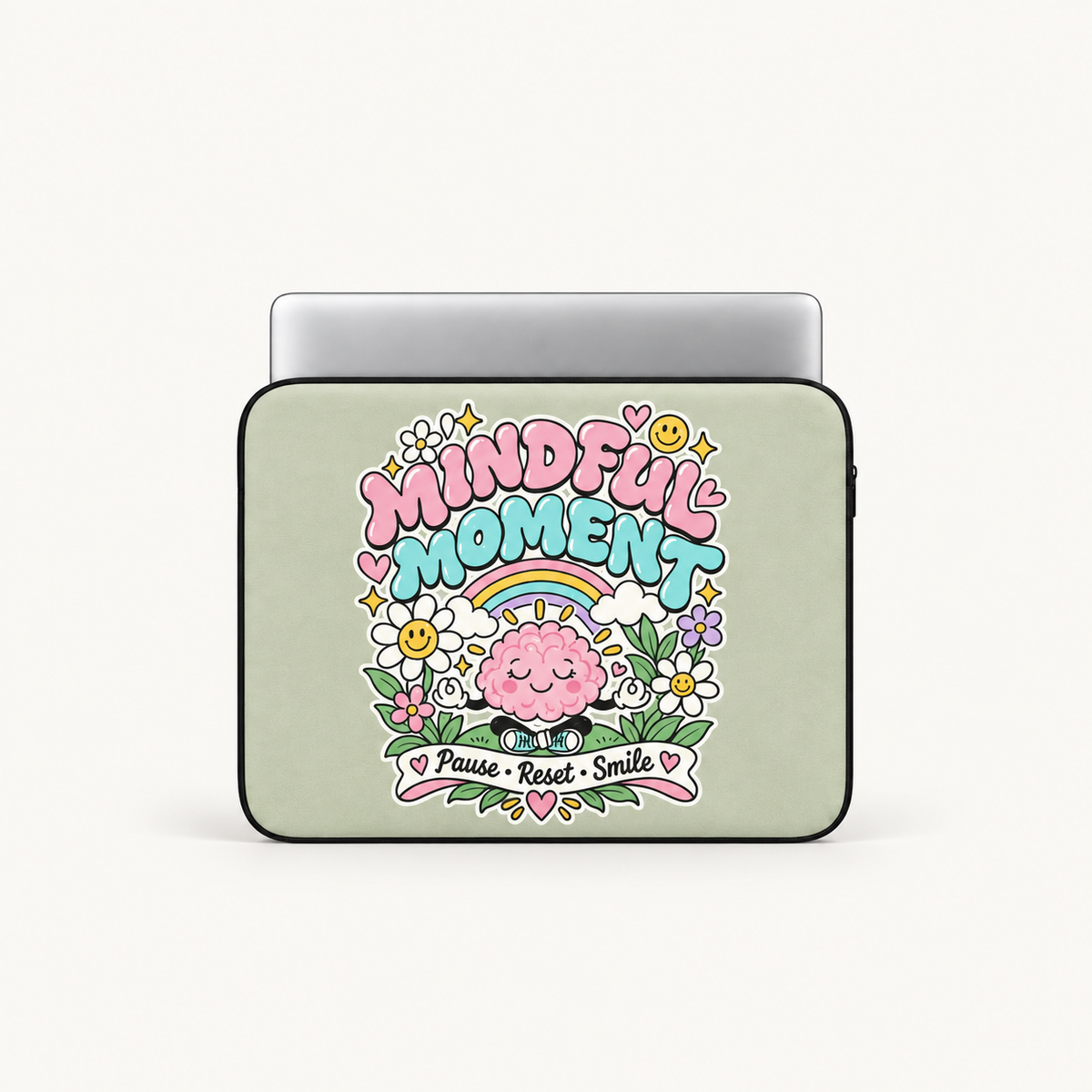 A sage green laptop sleeve with a colorful 'Mindful Moment' graphic, shown with a silver laptop partially inserted, on a light off-white background.