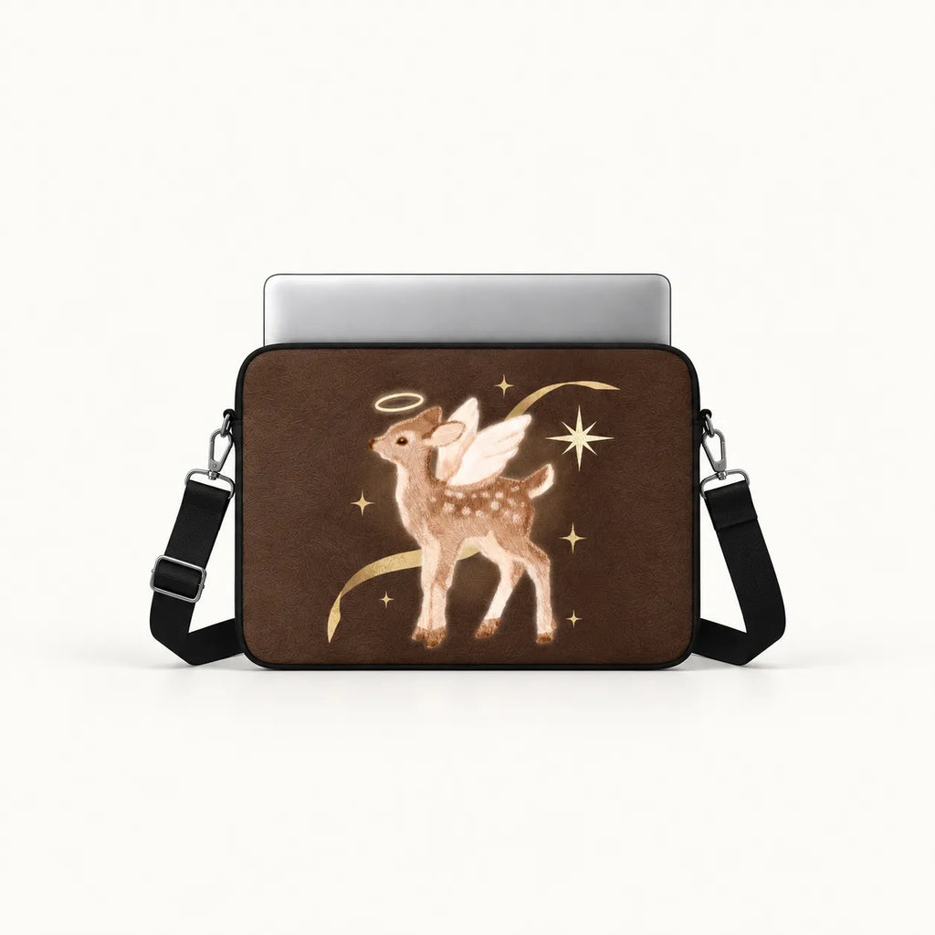 A brown laptop sleeve featuring a graphic of a winged deer with a halo and gold stars, shown with a silver laptop and black shoulder strap on a white background.