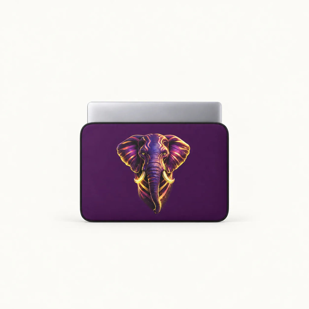 A laptop sleeve in deep purple featuring a stylized neon elephant head graphic in pink, purple, and yellow, shown on a clean white background.