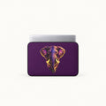 A laptop sleeve in deep purple featuring a stylized neon elephant head graphic in pink, purple, and yellow, shown on a clean white background.