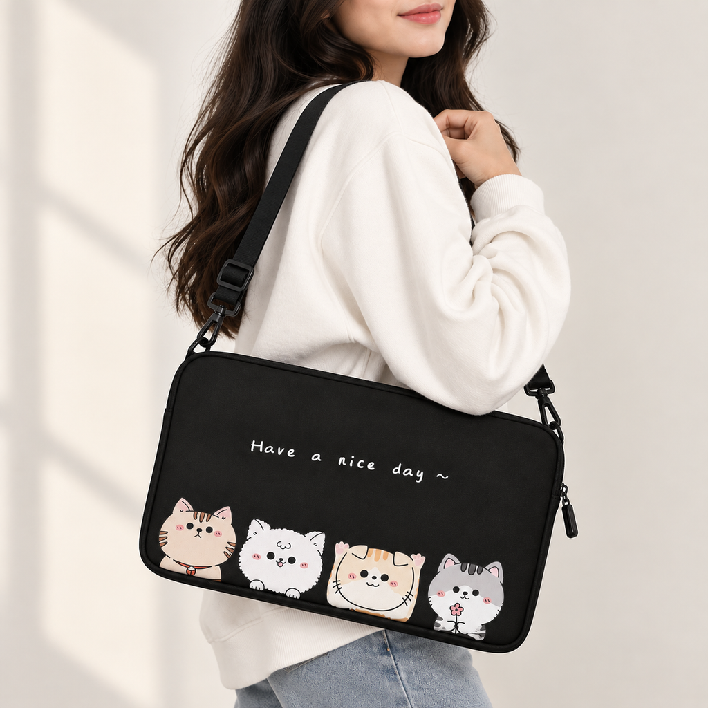 Four cute cartoon cats with Have a nice day typography on a black padded laptop sleeve by SLEEVER