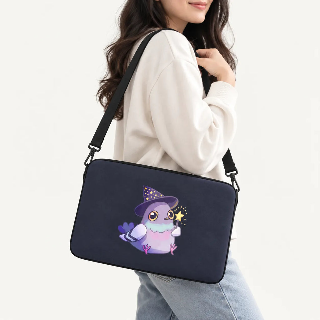 Cute cartoon pigeon wearing a wizard hat and holding a magic wand on a dark navy padded laptop sleeve by SLEEVER