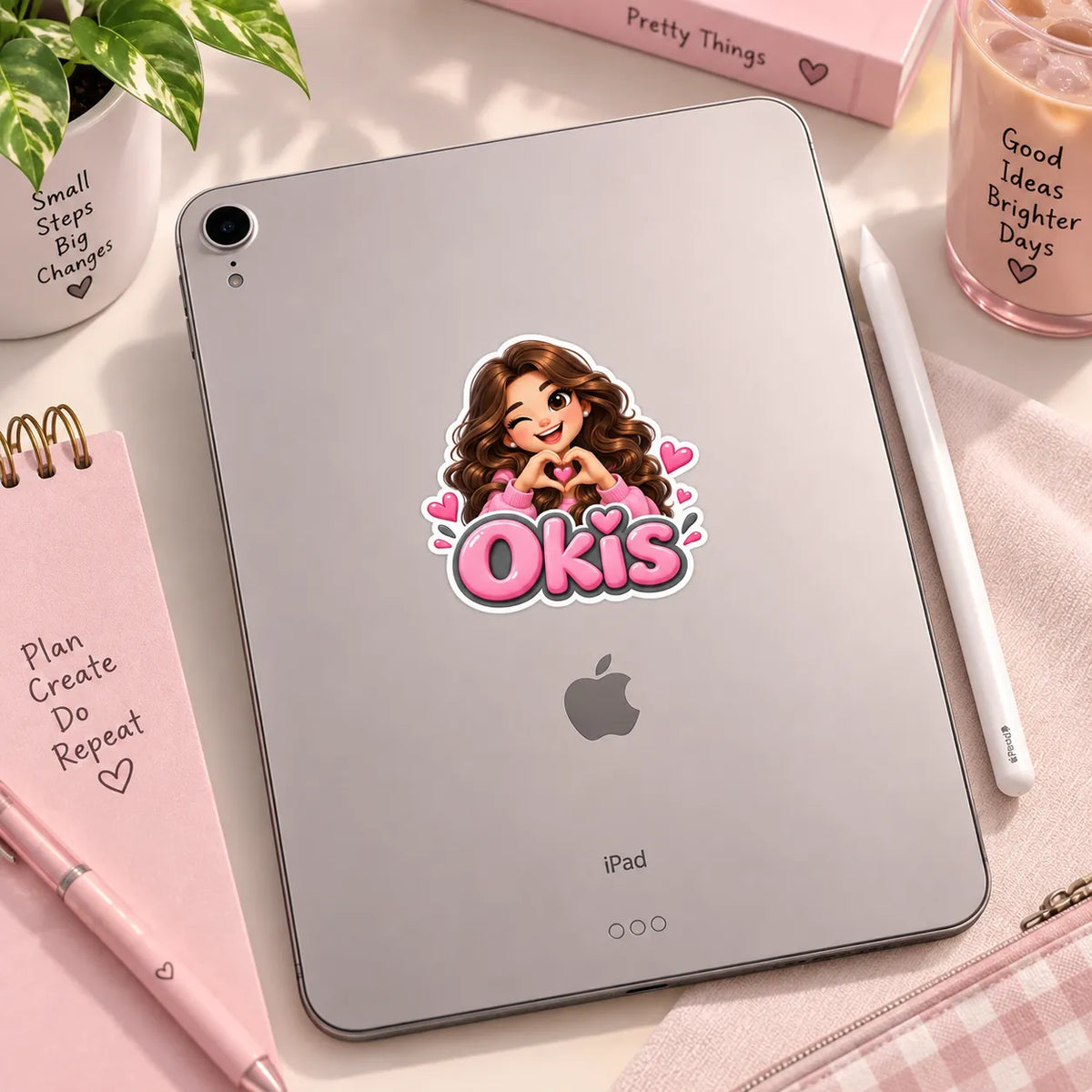 Cute winking girl with brown curly hair making a heart hand sign with Okis text sticker by SLEEVER   
