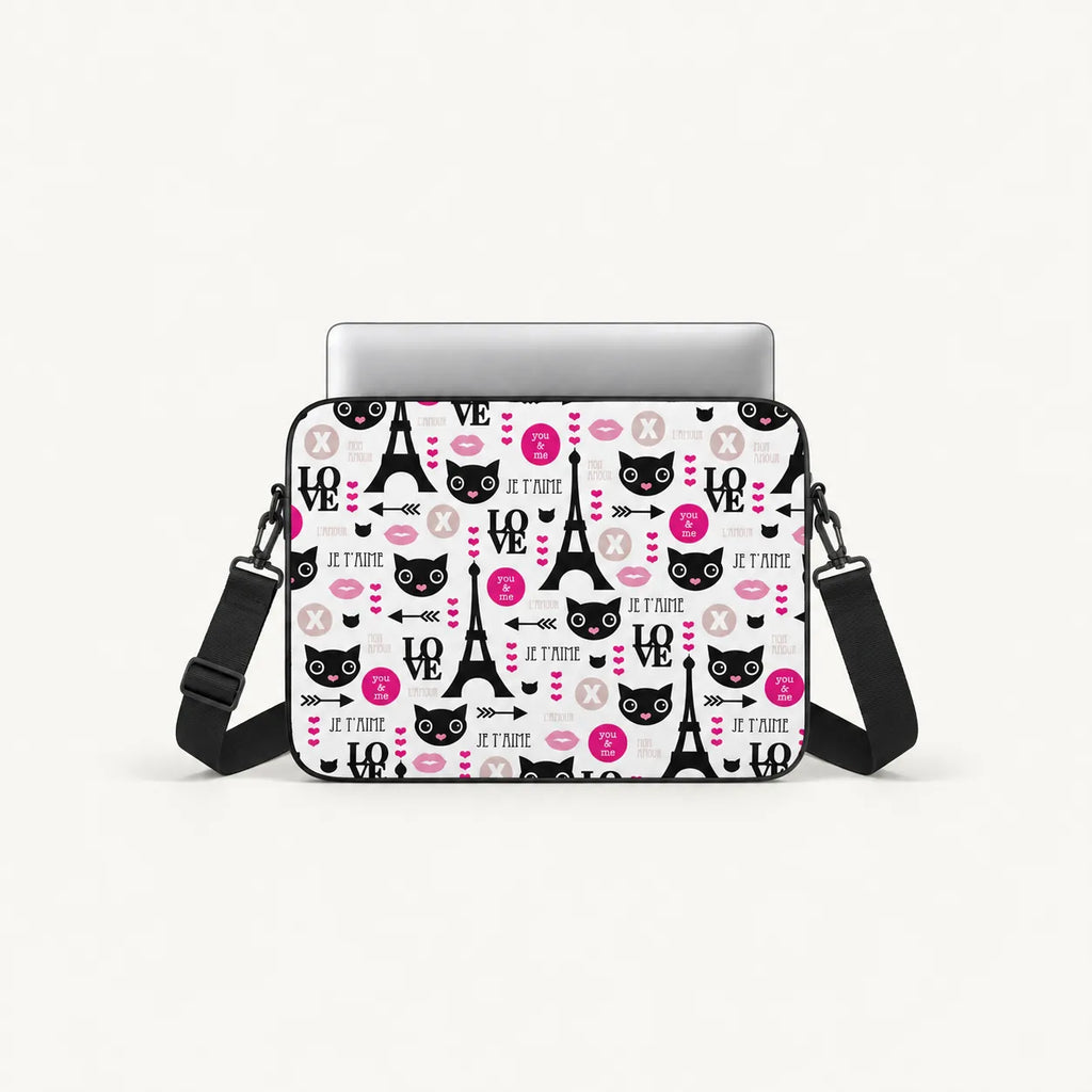 Paris romantic pattern laptop sleeve with Eiffel Tower black cat faces lips and Je T'aime text by SLEEVER