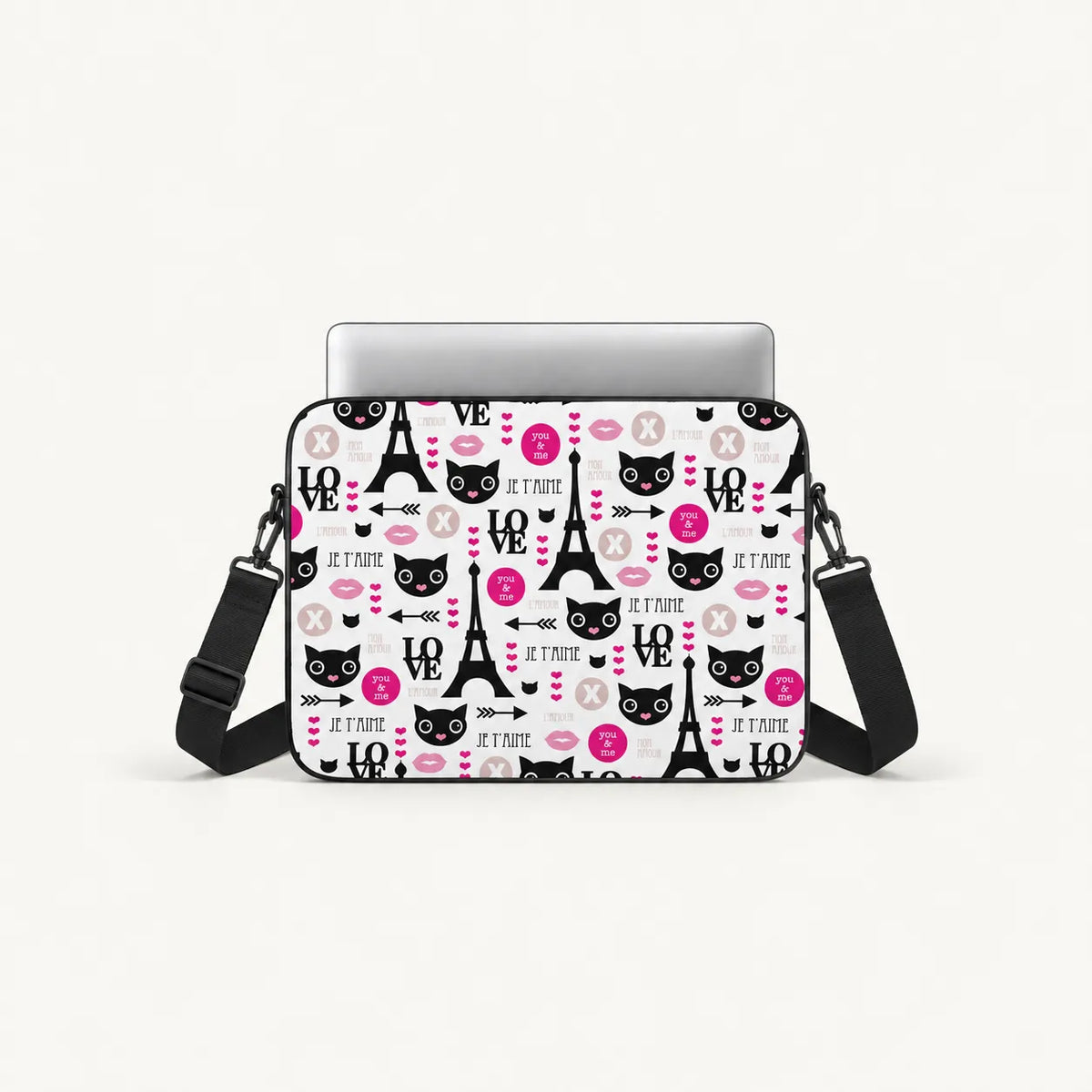 Paris romantic pattern laptop sleeve with Eiffel Tower black cat faces lips and Je T'aime text by SLEEVER