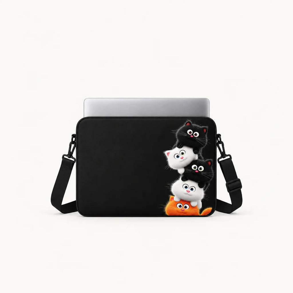 Stacked cute cartoon black, white, and orange kittens on a black padded laptop sleeve by SLEEVER