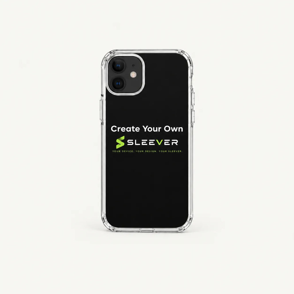 Custom SLEEVER black iPhone case with clear protective edges, lime green logo, and personalized design – premium smartphone case product photography.