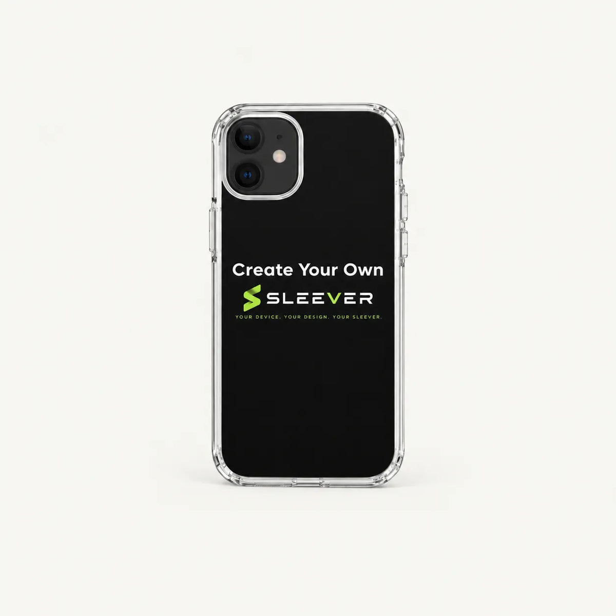 Custom SLEEVER black iPhone case with clear protective edges, lime green logo, and personalized design – premium smartphone case product photography.