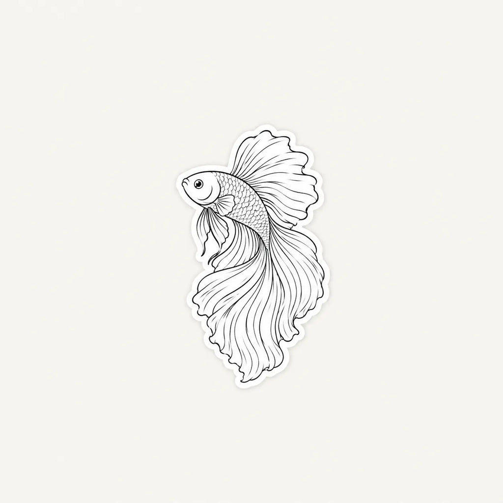 A die-cut vinyl sticker featuring a black and white line art illustration of a betta fish, centered on a light off-white background.