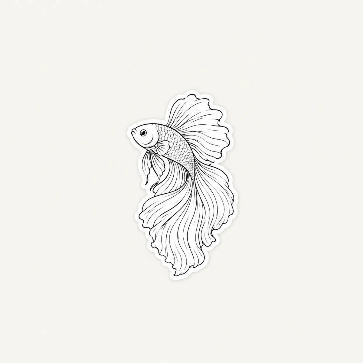 A die-cut vinyl sticker featuring a black and white line art illustration of a betta fish, centered on a light off-white background.