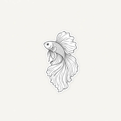 A die-cut vinyl sticker featuring a black and white line art illustration of a betta fish, centered on a light off-white background.