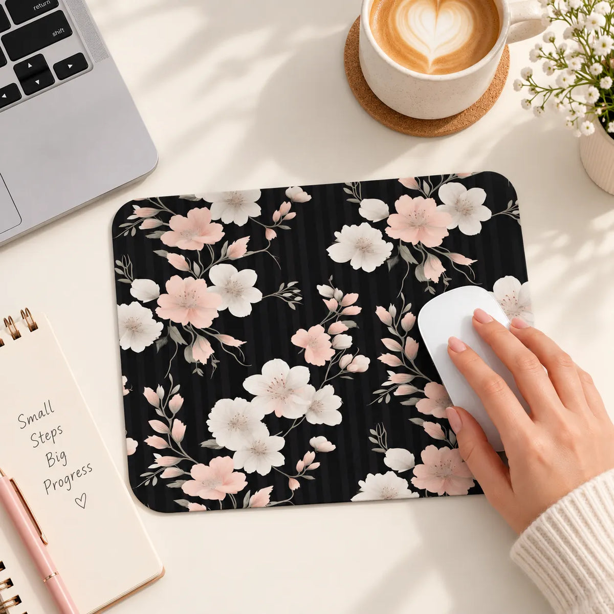SLEEVER black floral mousepad with pink cherry blossoms 17.5 x 21.5 cm non-slip base