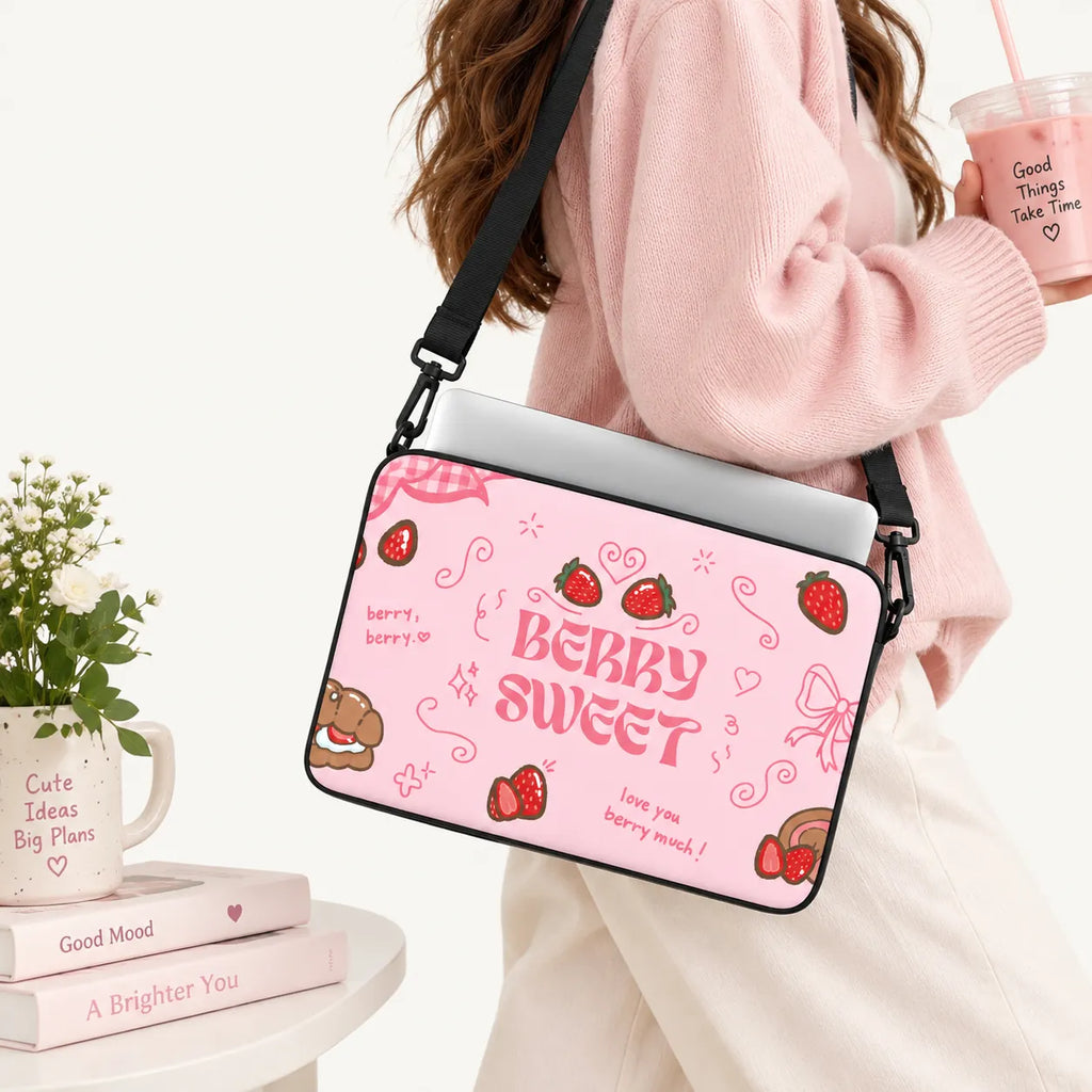 Cute pastel pink laptop sleeve with Berry Sweet typography red strawberries ribbons and pastry doodles by SLEEVER