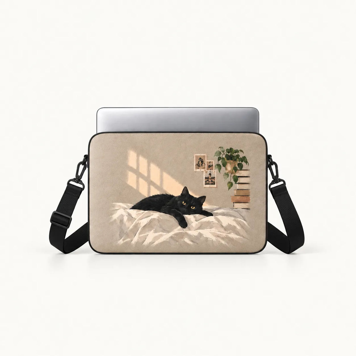 "SLEEVER 'Cozy Black Cat' laptop sleeve featuring an illustration of a black cat lounging on a bed in warm sunlight."   