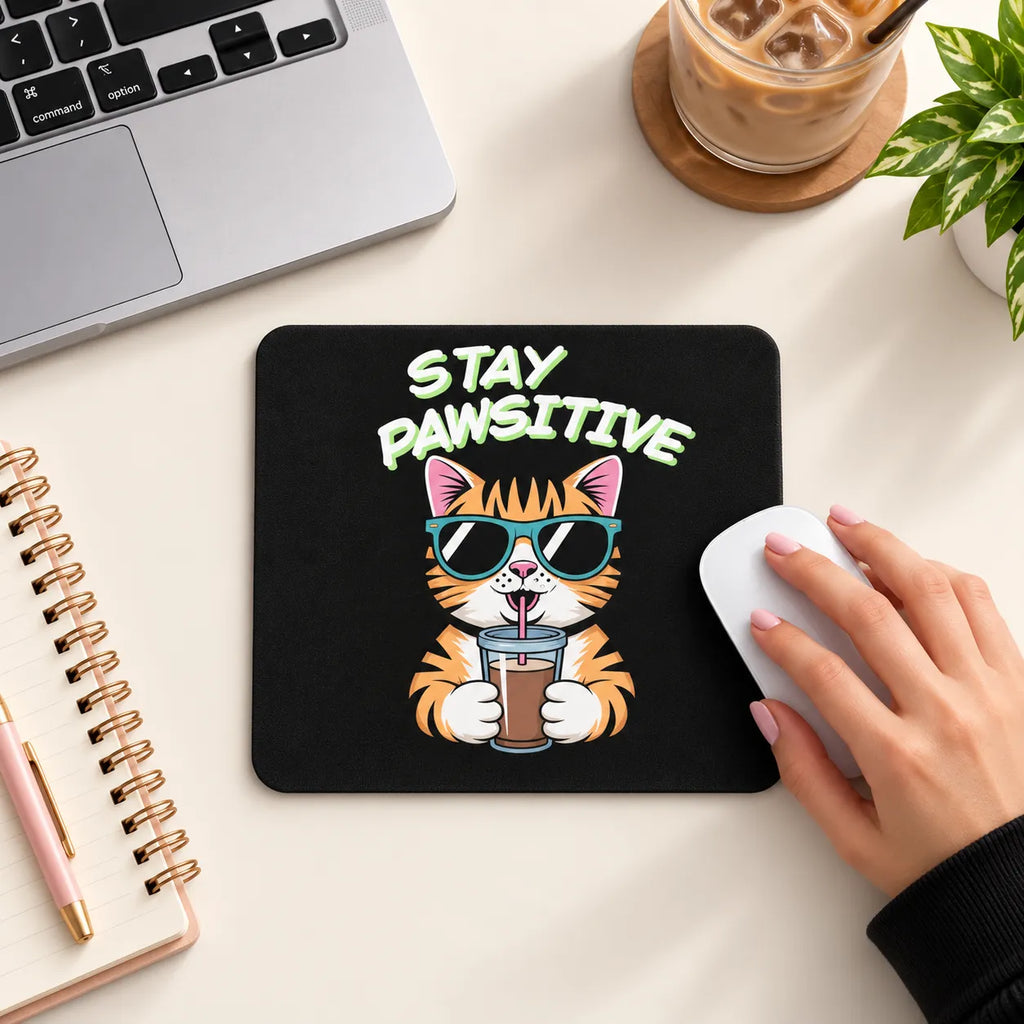SLEEVER stay pawsitive cool cat with sunglasses iced coffee black desk mousepad 17.5 x 21.5 cm non-slip base