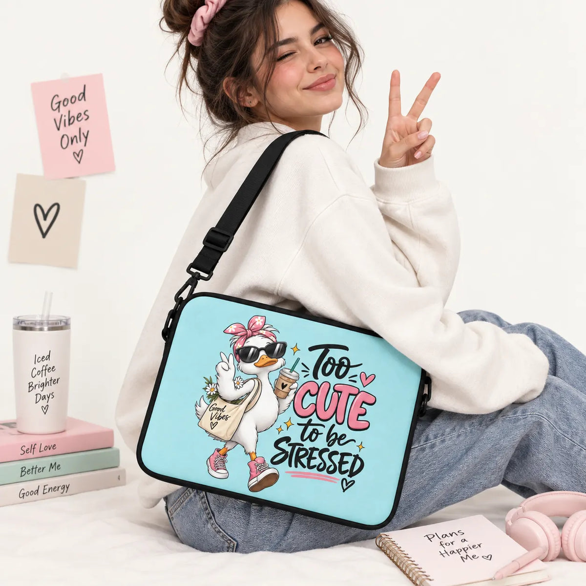 Cute white duck wearing sunglasses and pink headband holding iced coffee with Too Cute to be Stressed quote on light blue padded laptop sleeve by SLEEVER