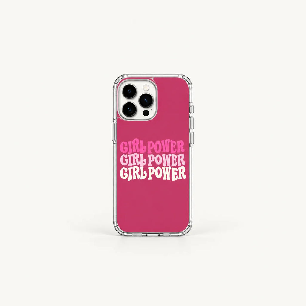 A clear phone case with a vibrant pink back panel featuring the slogan 'GIRL POWER GIRL POWER GIRL POWER' in white and pink lettering, shown on a light gray background.