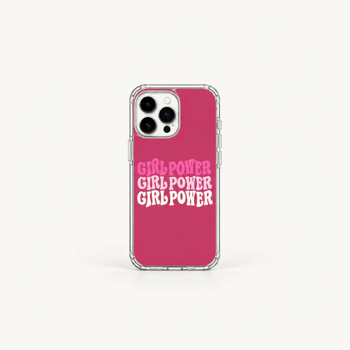 A clear phone case with a vibrant pink back panel featuring the slogan 'GIRL POWER GIRL POWER GIRL POWER' in white and pink lettering, shown on a light gray background.