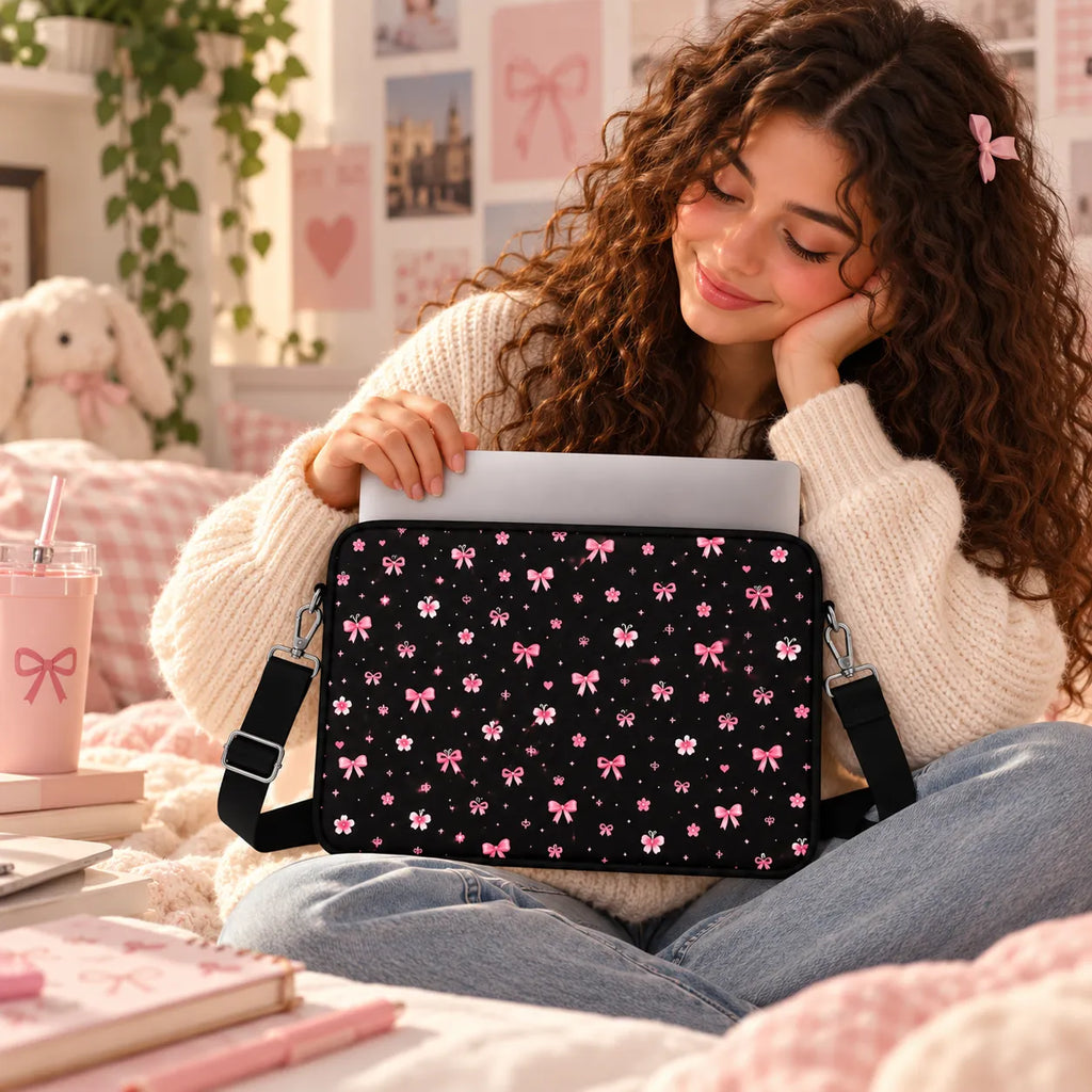 Cute pink ribbon bows, flowers, butterflies, and sparkling stars pattern on a black padded laptop sleeve by SLEEVER